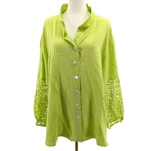 John Mark Wired Collar Tunic Blouse Lace Sleeve Lime Green Boho 3X